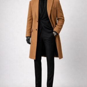 CAMEL OVERCOAT + BLACK 3-PIECE SUIT 20% off