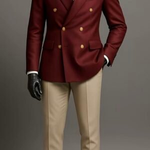 BURGUNDY DOUBLE-BREASTED BLAZER + BEIGE TROUSERS 20% off